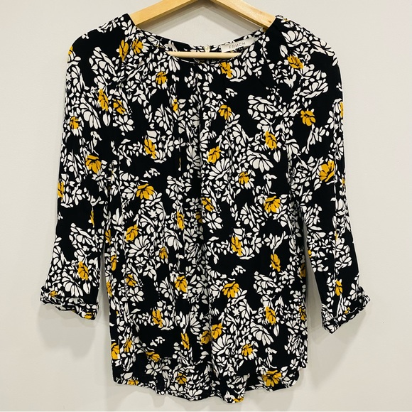 FRNCH Small/Medium Black Gold Floral Crepe Blouse Back Zipper Fairycore Cottage - Picture 14 of 16